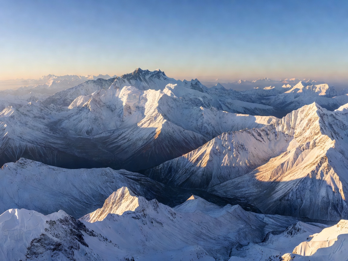 Majestic Himalayan snow peaks of Nepal bathed in morning sunlight