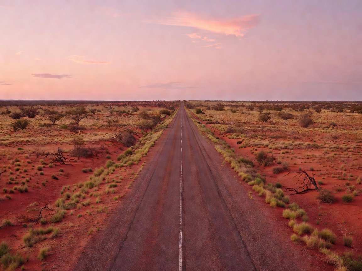 Remote Eyre highway stretching into the Australian desert horizon under a pinkish dusky sky