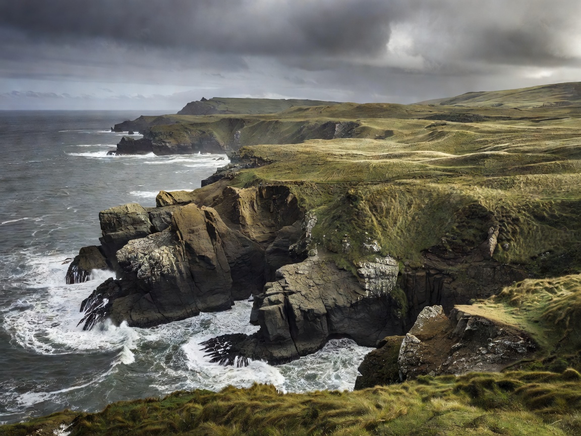 Rugged coastal bluffs and windswept grasslands of Chatham Island