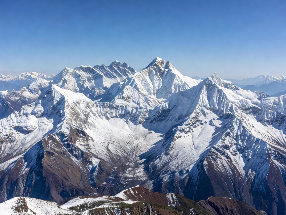 Scenic panoramic view of Himalayan mountains in Nepal with snow covered summits under clear blue sky