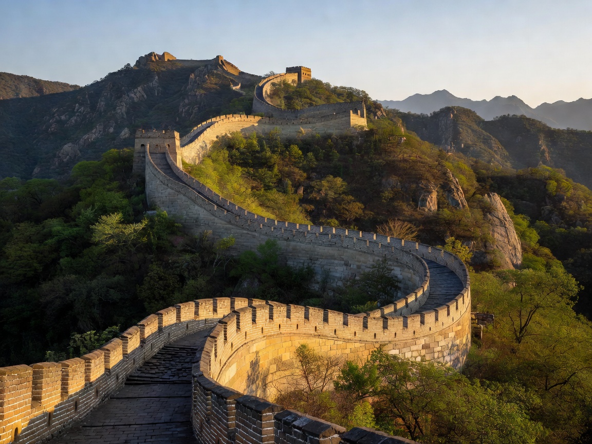 The Great Wall of China stretching across mountain ridges under late afternoon sun