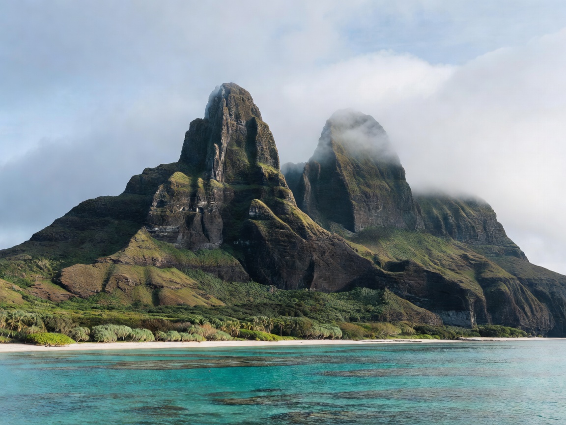 Towering volcanic basalt peaks rising above the lagoon of Lord Howe Island