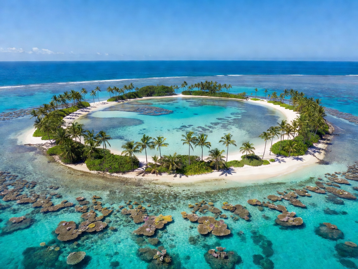 Tropical coral atoll with turquoise waters in the remote Pacific Ocean